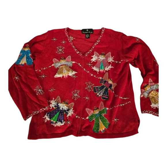 Christopher Radko Christmas Zipper sweater Cardigan sequin Angels Sx L - Picture 1 of 8